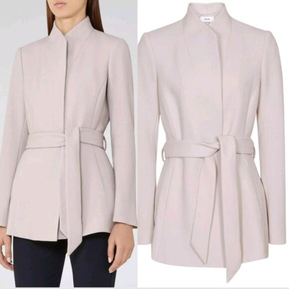 Reiss Felton Wool Belted Jacket Crepe Concealed Button Cloud Blazer Size 0 - Picture 1 of 7